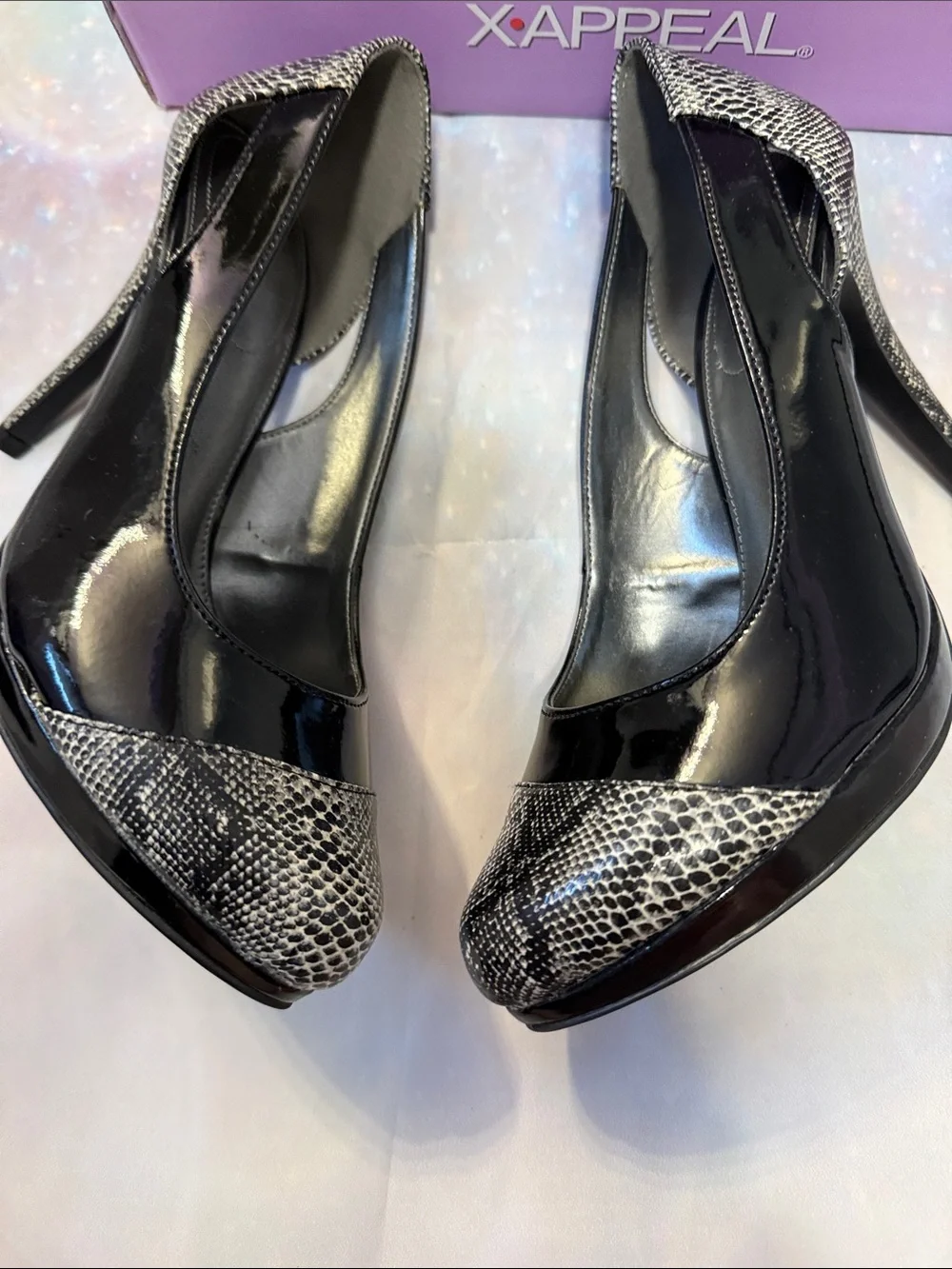 Xappeal Black Patent and Gray Snake-Print Pointed Toe Pumps 8